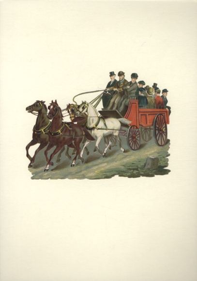 Płaski powóz konny/dyliżans z pasażerami, wymiary ok. 11 x 15,5 cm