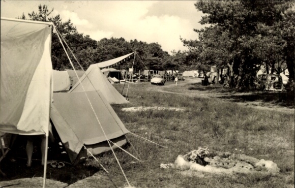 Postcard Altenkirchen on Rügen, campsite, tents, grassy landscape, cars, trees, summer