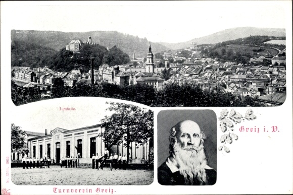 Postcard Greiz in Vogtland, general view, gymnastics club, gymnasium, gymnastics father Jahn