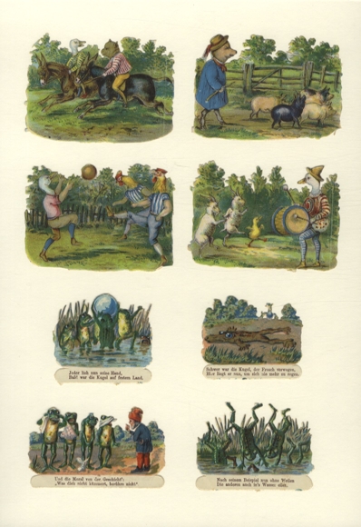 8 wafers animals in human clothing and frogs playing sports and games, approx. 6.5 x 8.5 and 5 x 6.5 cm