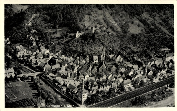 Postcard Gemünden am Main Lower Franconia, aerial view of Gemünden, architecture, numerous roofs, Nat