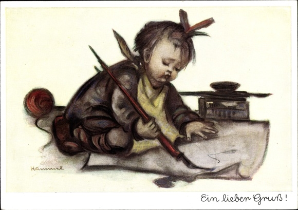 Künstler Ak Hummel, Berta, Ein lieber Gruß, Kind mit Feder