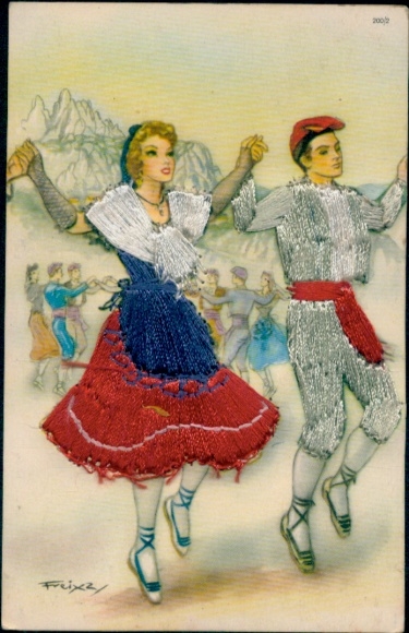 Seidenstick Künstler Ak Tanzende Menschen in spanischer Tracht