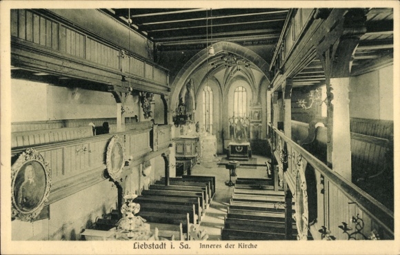 Postcard Liebstadt in Sachsen, interior of the church with altar