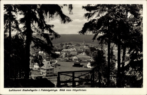 Postcard Bischofsgrün in the Fichtelgebirge, climatic health resort Fichtelgebirge, view from the hill rock