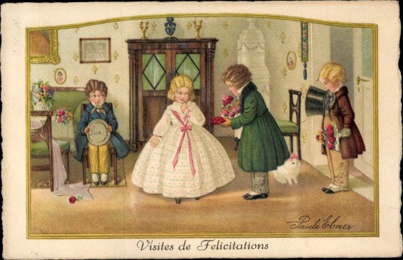 Artist PC Ebner, Pauli, Visites de Felicitations, men with flowers, woman
