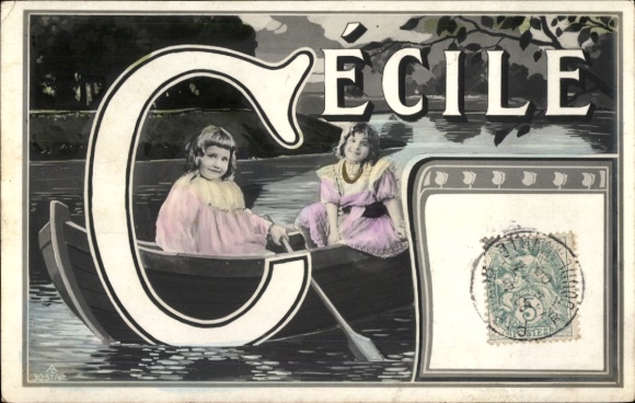 Letters Postcard First name Cecile, girl in rowing boat