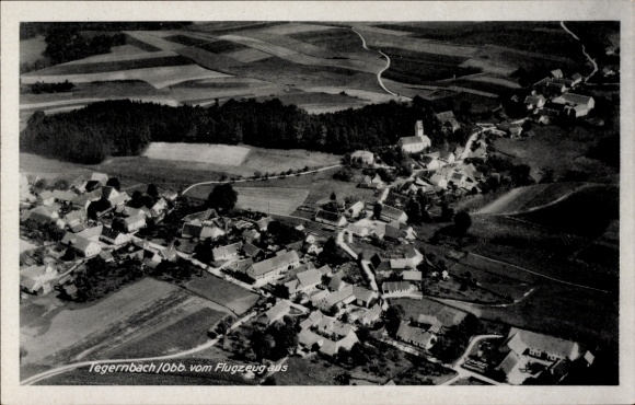 Postcard Tegernbach Rudelzhausen in Upper Bavaria, aerial view of a village, houses, fields, forests, mountain