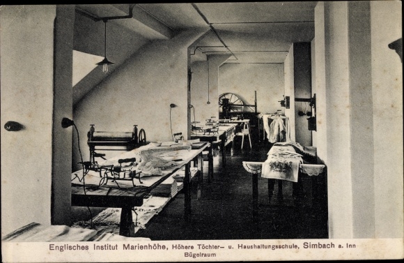 Postcard Simbach am Inn in Lower Bavaria, English Institute Marienhöhe, home economics school, ironing room