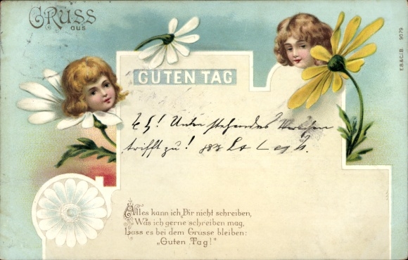 Chromo-Litho Hello, children, flowers