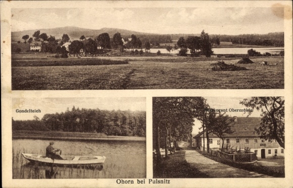 Ak Ohorn in Saksen, landschapsgezicht, gondelvijver, restaurant Obermühle, bootvaarders
