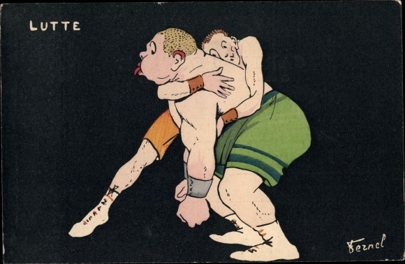 Artist PC Lutte, wrestlers in battle