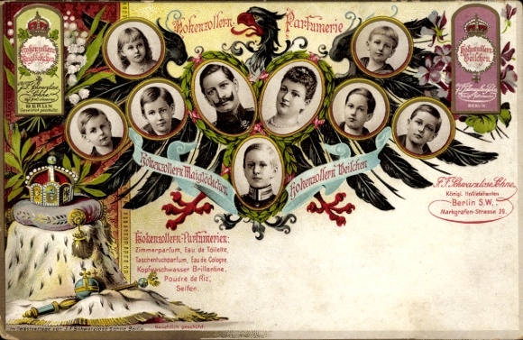 Chromo-Litho Kaiserhaus under Wilhelm II, Hohenzollern Parfumerie, Berlin Markgrafenstraße 29