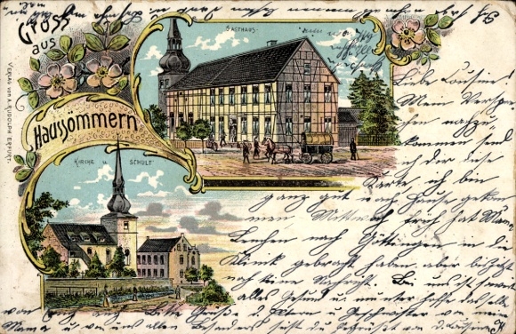 Chromo-Litho Haussömmern in Thuringia, inn, church, school