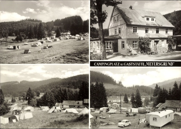Postcard Stützerbach Ilmenau Thuringian Forest, campsite, restaurant Meyersgrund, tent sites, woodland