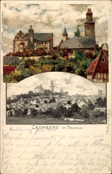 Artist Chromo-Litho Münch, C., Kronberg im Taunus Hessen, view of the castle and the city