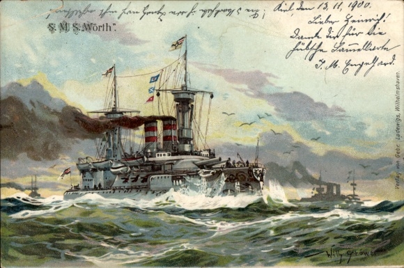Embossing Artist Chromo-Litho Stöwer, Willy, German warship, SMS Wörth