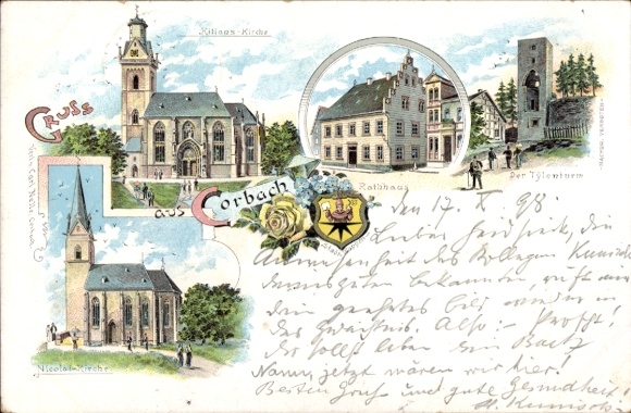Chromo-Litho Korbach in Hesse, Nicolai Church, Town Hall, Tylenturm