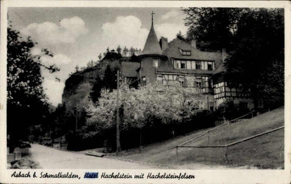 Postcard Schmalkalden in the Thuringian Forest, Hotel Hachelstein, Hachelstein rock, building with garden