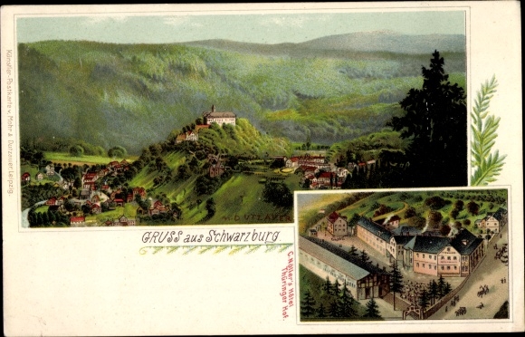 Kunstenaar litho Dutzauer, M., Schwarzburg im Schwarzatal Thüringen, C. Noeller's Hotel Thüringer Hof