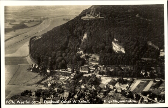 Postcard Porta Westfalica in North Rhine Westphalia, aerial photograph, Kaiser Wilhelm I. Monument