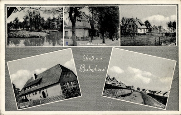 Postcard Habighorst in Lower Saxony, commercial building Hacke, school, mill pond, settlement