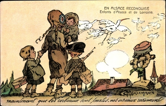 Artist PC Marechaux, In the reconquered Alsace, Alsatian and Lorraine children, soldier's grave