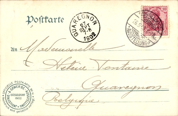 Wapenlitho Düsseldorf am Rhein, industriële en commerciële tentoonstelling 1902, arbeider en kind