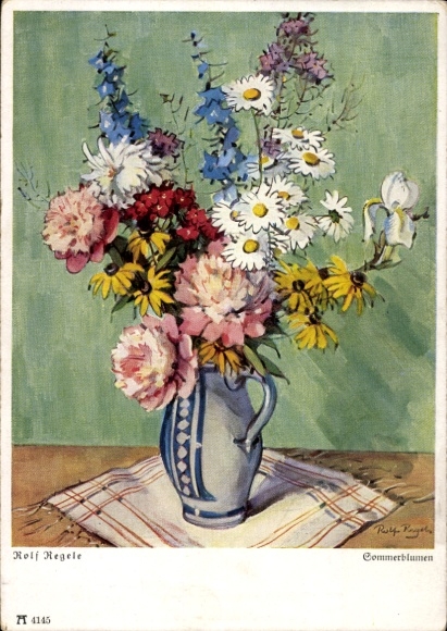 Artist Postcard Regele, R., Summer Flowers, Flower Vase
