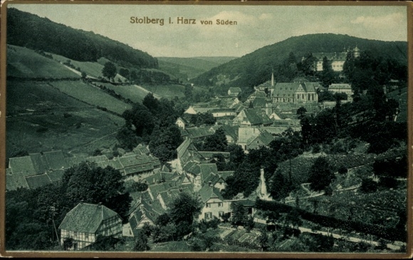 Postcard Stolberg in the Harz Mountains, panoramic view of Stolberg, hilly landscape, architecture