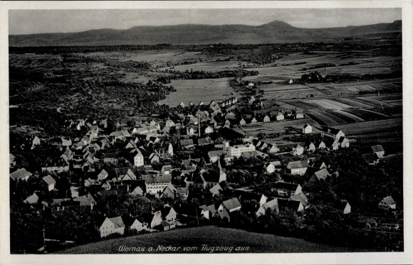 Postcard Wernau am Neckar, aerial view of Wernau, many houses, fields, mountain landscape in the background