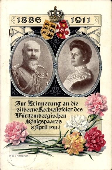 Artist Postcard Schnorr, King Wilhelm II of Württemberg, Queen Charlotte, silver wedding 1911, coat of arms