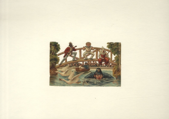 Oblate, "A rare Fish", Polizist im Wasser, Clown mit Angel, Afrikaner mit Mandoline, ca. 8 x 12 cm