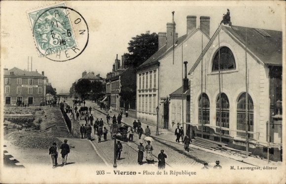 Postcard Vierzon Cher, street with pedestrians, buildings, trees, stamp,