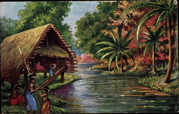 Kunstenaar ansichtkaart Baumgarten, Fritz, Neumecklenburg Nieuw-Ierland Papoea-Nieuw-Guinea, koloniale krijger bedankt