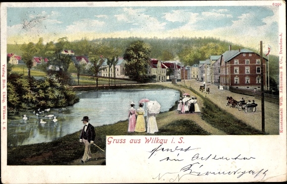 Postcard Wilkau Haßlau in Saxony, street section at the pond