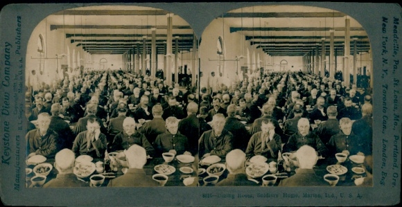 Stereo Foto Marion Indiana USA, National Soldiers' Home, Veteranen beim Essen