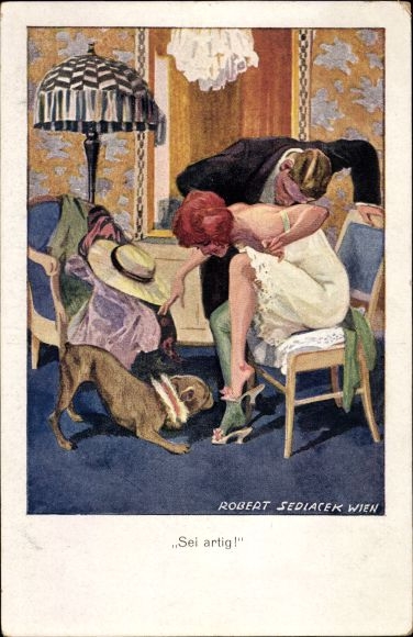 Artist Postcard Sedlacek, Robert, Be good, red-haired woman in underdress, man, dog