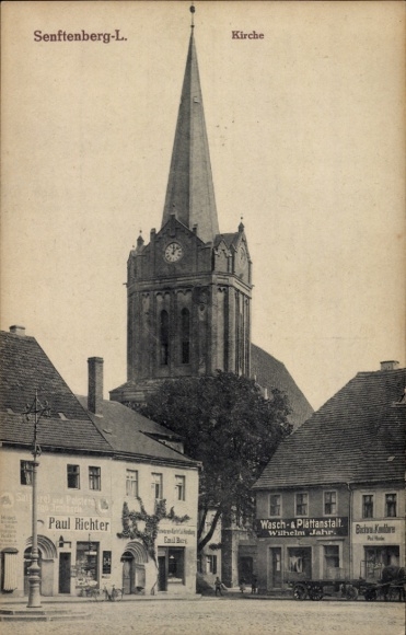 KP Senftenberg na Dolnych Łużycach, kościół, sklepy Paul Richter, myjnia i spłaszczarka W. Jahr