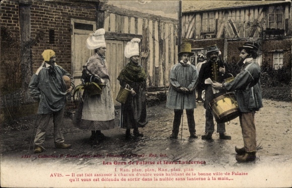 Postcard Falaise Calvados, people in traditional costumes, drummers, news