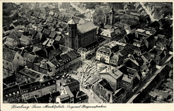 Postcard Homburg in the Saarpfalz district, aerial photograph of the city, synagogue in the middle left, market square