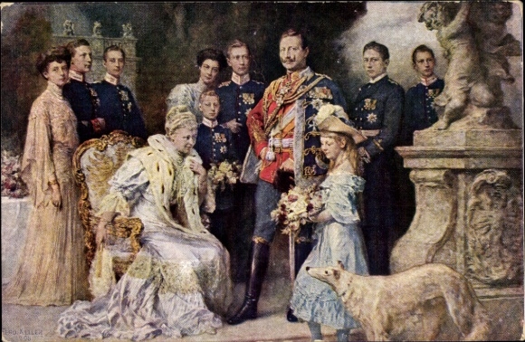 Künstler Ak Keller, F., Kaiserhaus, Wilhelm II, Kaiserin Auguste Viktoria, Kronprinz, Windhund