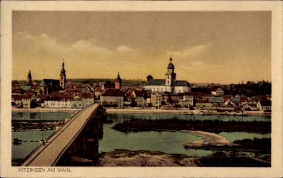 Postcard Kitzingen in Mainfranken Bavaria, graphic representation of Kitzingen, bridge, houses, water,