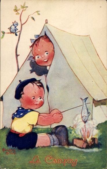 Artist Postcard Mallet, Beatrice, Le Camping, Children camping, Campfire, Fried fish