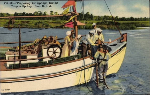 Postcard Tarpon Springs Florida, Sponge Diving Preparations, Diver, Wet Suit