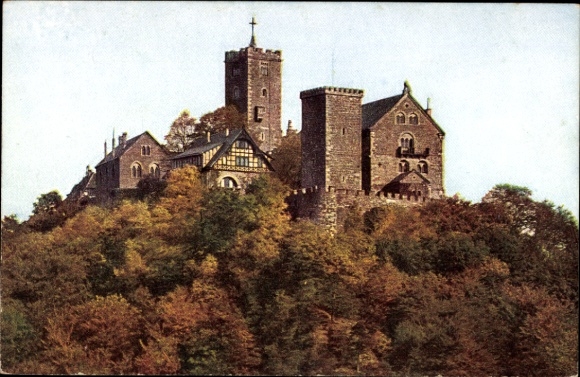 Postcard Lutherstadt Eisenach in Thuringia, Wartburg, castle on a hill, surrounded by trees
