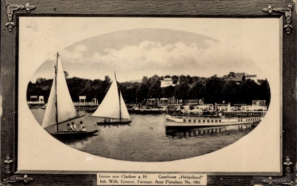 Präge Passepartout Ak Berlin Spandau Kladow, Gasthaus Helgoland, Anleger, Segelboote