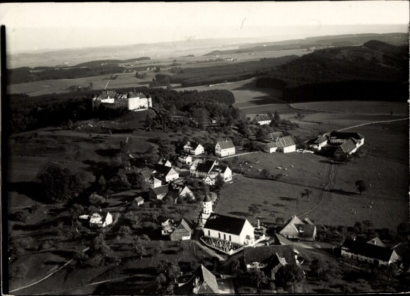 Postcard Kronburg Unterallgäu, photo of Kronburg Castle in Swabia, a small town with a church and...