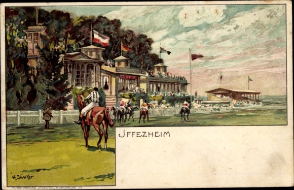 Artist Chromo-Litho Junker, H., Iffezheim am Rhein, racecourse, grandstand