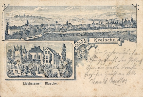Chromo-Litho Kreischa in the Ore Mountains, Etablissement Blasche, Panorama